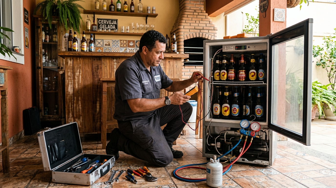 Recarga de gás refrigerante em cervejeira em atendimento na Flórida, Praia Grande‑SP