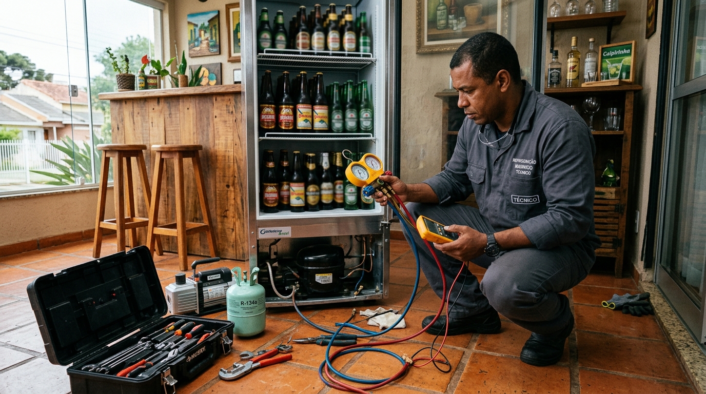 Técnico de conserto de cervejeira em residência na Flórida, Praia Grande‑SP