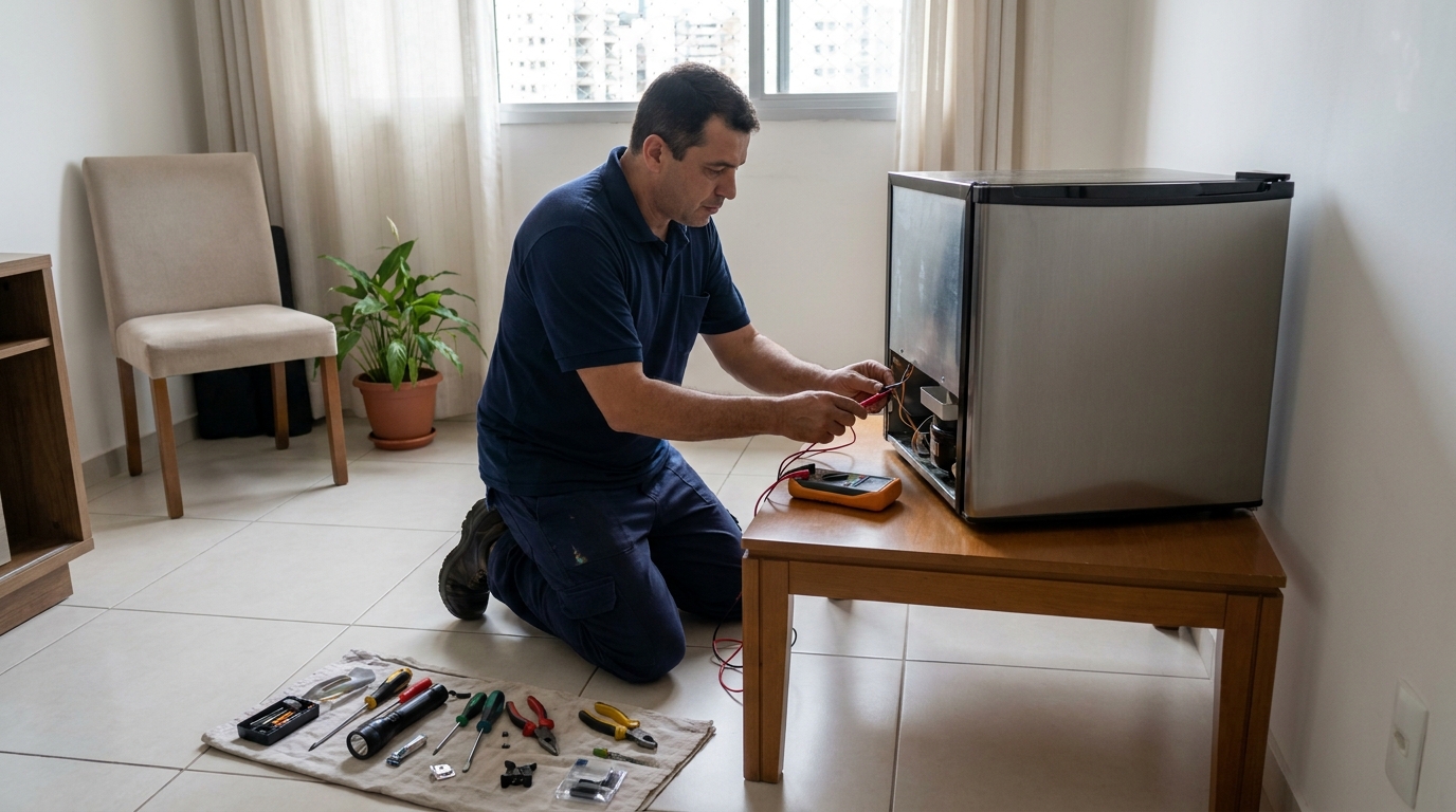 Técnico de conserto de frigobar em residência em Praia Grande‑SP
