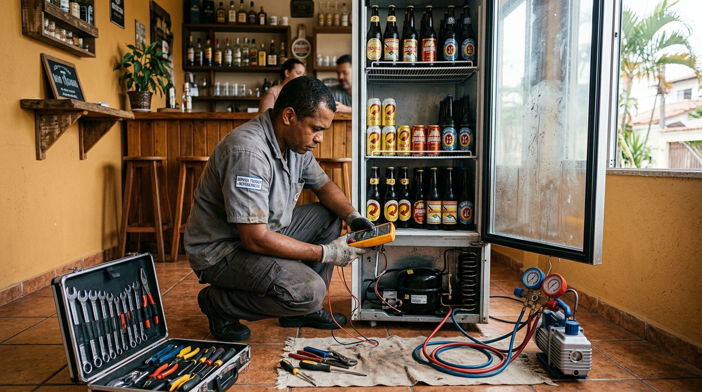 Troca de termostato de cervejeira em atendimento técnico na Flórida, Praia Grande‑SP