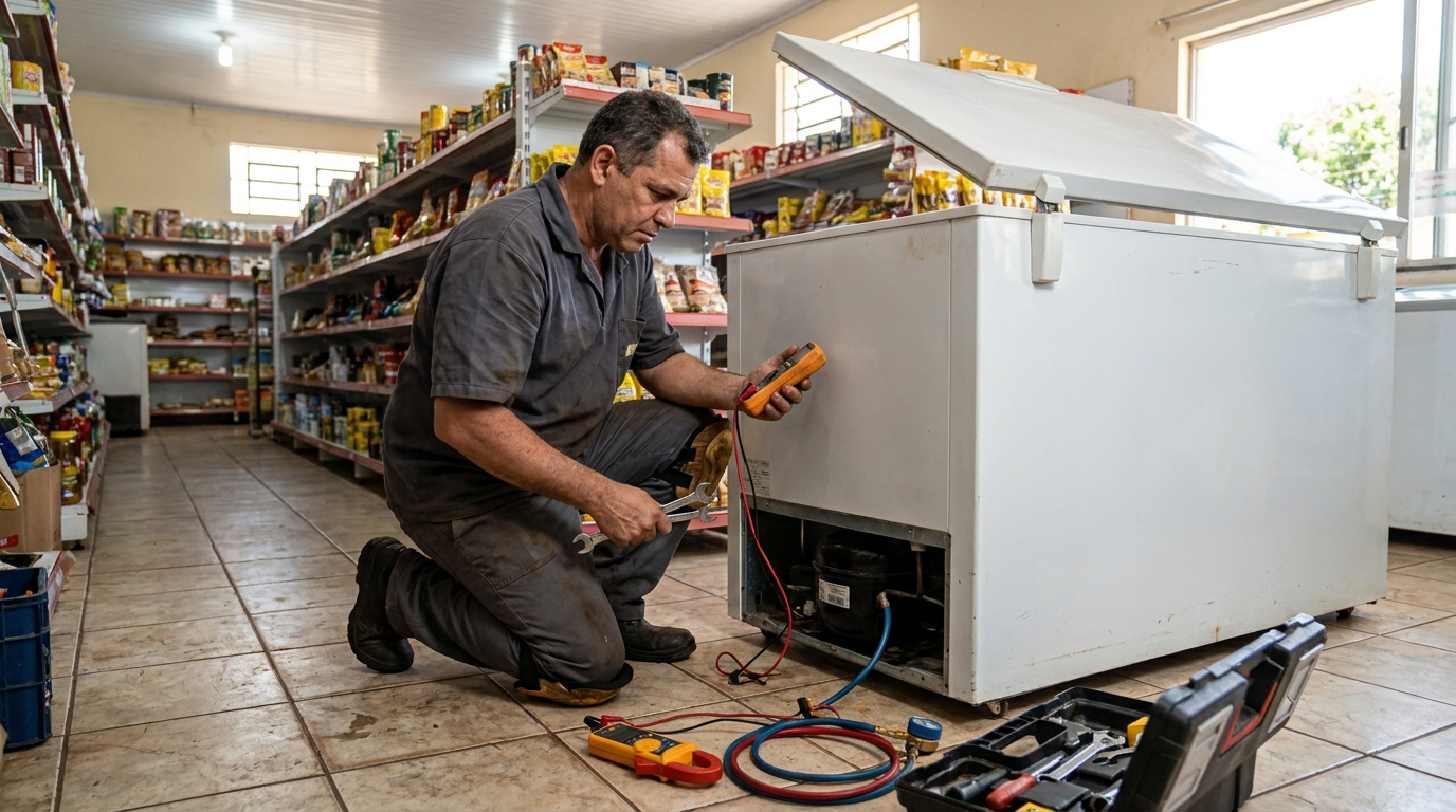 Troca de termostato de freezer em atendimento técnico em Praia Grande‑SP